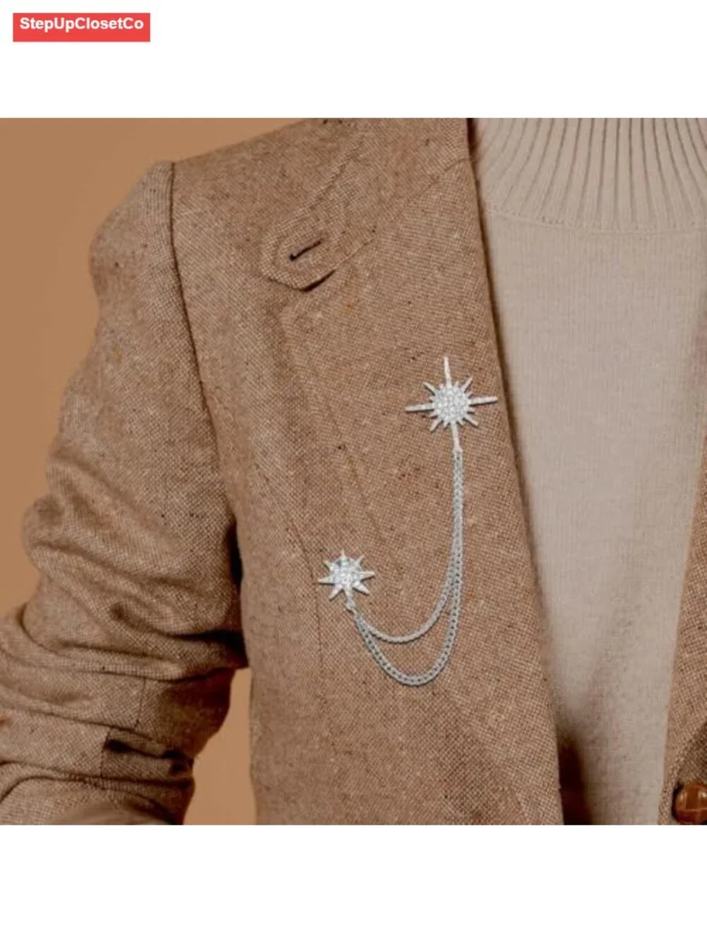 Crystal Star Brooch Pin for Women, Alloy Snap-Clasp Lapel Pin, Tassel Chain